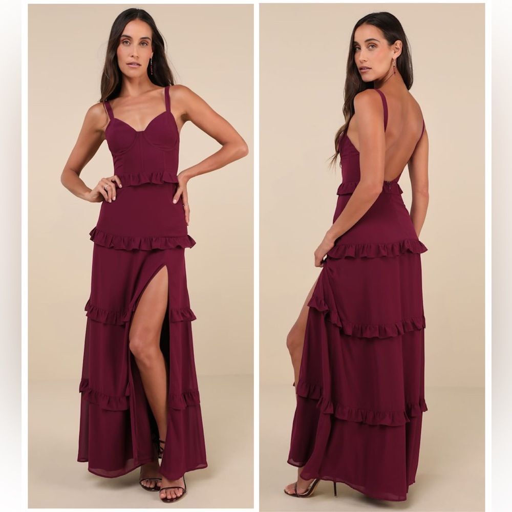 Women's Burgundy Ruffled Maxi Dress - Unbranded
